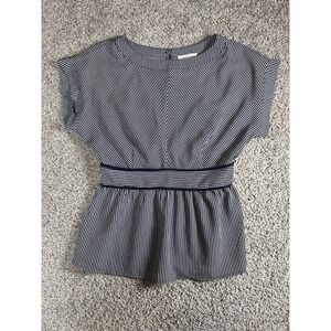 Monteau LA Navy Blue and White Striped Peplum Blouse Size L Cap Sleeves Feminine